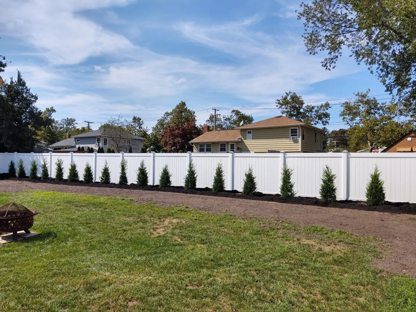A row of young arborvitae planted in a fresh mulch bed along a white vinyl fence